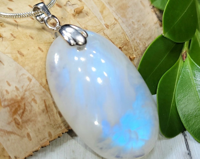 Natural Premium Quality Rainbow Moonstone Oval Cabochon 45ct .925 Sterling Silver Pendant 1 3/4" x 7/8" CL22 Rhodium Sterling Silver Bail