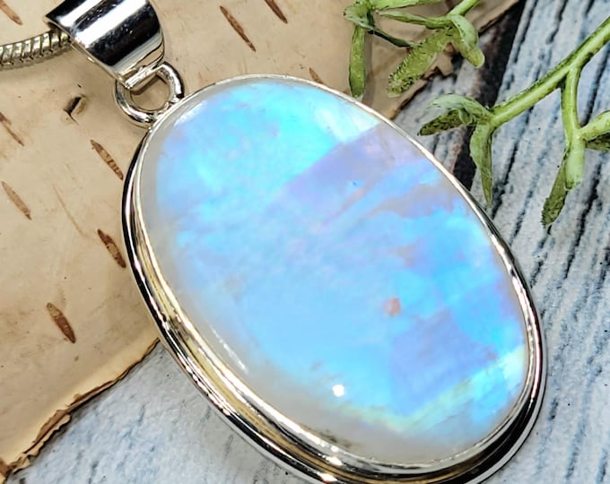 Moonstone Pendant, Rainbow Moonstone Oval Cabochon Sterling Silver Pendant, Blue Flash Moonstone, Gift for Her, Handmade Pendant, JD10