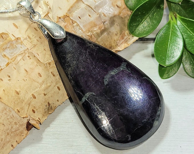 Natural Deep Purple Purpurite Pear Cabochon .925 Sterling Silver Pendant 2 3/8" x 1" AD19 Solid Sterling Silver Bail