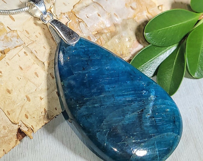 Natural Top Quality Apatite Pear Cabochon .925 Sterling Silver Pendant 2 1/4" x 1" AE01 Sterling Silver Heavy Duty Bail
