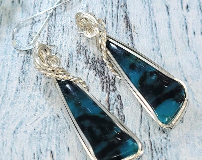 Blue Opalized Earrings, Petrified Wood Earrings, Sterling Silver Wire Wrapped Opalized Earrings, Sterling Silver Blue Opal Earrings JF09