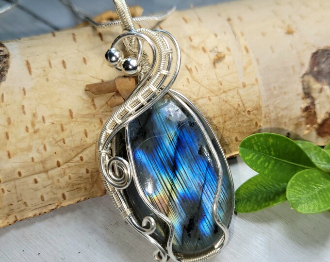 Natural Blue Flash Labradorite Hand Wrapped Silver Over Copper Pendant Designer Style Pendant 2 1/2" x 1" CO01 Gift For Her