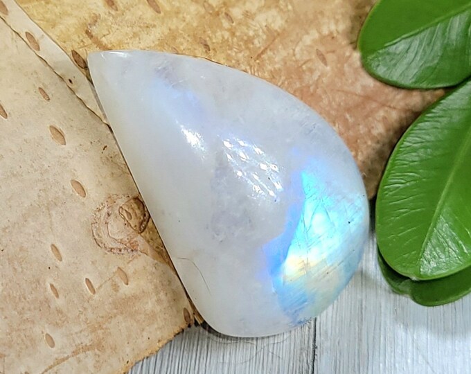 Natural Premium Blue Flash Rainbow Moonstone 20Ct Cabochon Wire Wrapping, Weaving, or Pendant 26mm x 15mm Gift for Her, Collector CJ33
