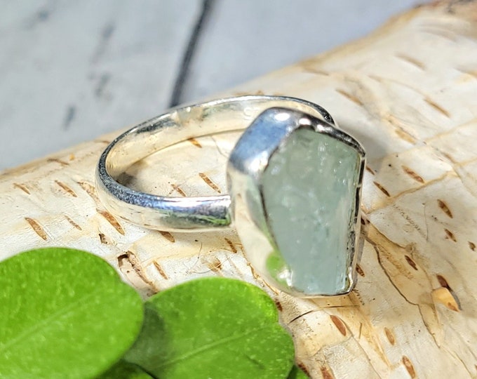 Natural Raw Rough Cut Aquamarine Handmade .925 Sterling Silver Ring Size 8 3/4 4.4 Grams 3/4" x 3/8" BA19