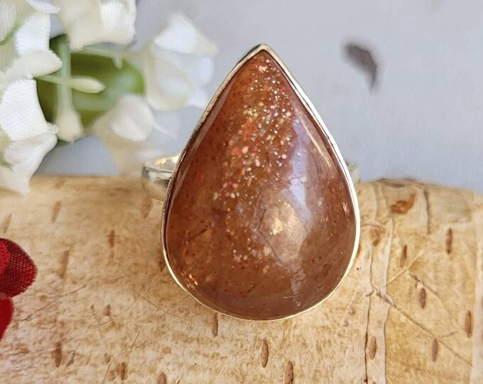 Natural Sunstone Sterling Silver Ring, Top Quality Sunstone Ring no thin or flimsy setting Handmade Boho Ring, Size 8