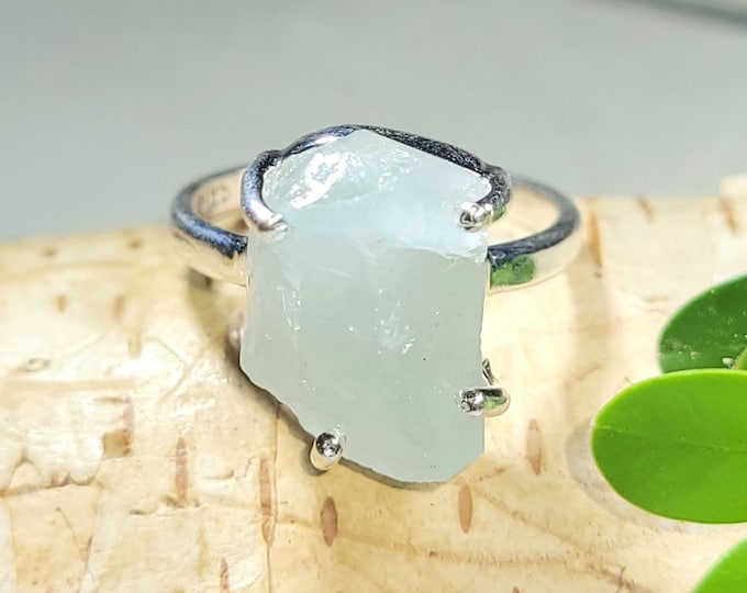 Natural Raw Rough Cut Aquamarine Handmade .925 Sterling Silver Ring Size 5 3 Grams 9/16" x 1/2" CE22
