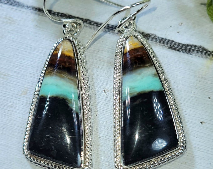 Blue Opal Earrings, Petrified Wood Earrings, .925 Sterling Silver Blue Opalized Petrified Earrings, Sterling Silver Blue Opal Earrings
