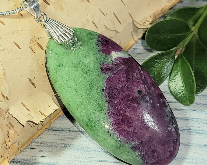 Natural High Grade Ruby Zoisite Cabochon .925 Sterling Silver Pendant 80ct 2 7/16" x 1" AK02 Sterling Silver Heavy Duty Designer Bail