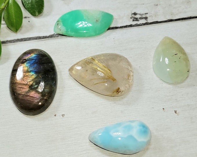 Natural Labradorite, Larimar, Aquamarine, Chrysoprase & Rutilated Quartz 95ct Cabochons Mixed Lot 5 Stone Wire Wrap, Weaving AS10