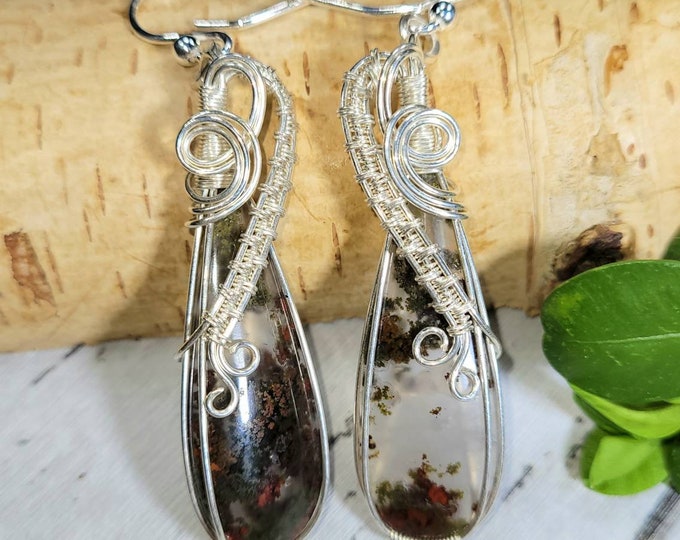 Moss Agate Earrings, Moss Agate Wire Wrapped Earrings, Agate Sterling Silver Wire Wrapped Earrings, Handmade Earrings, Gift for Her, FA18
