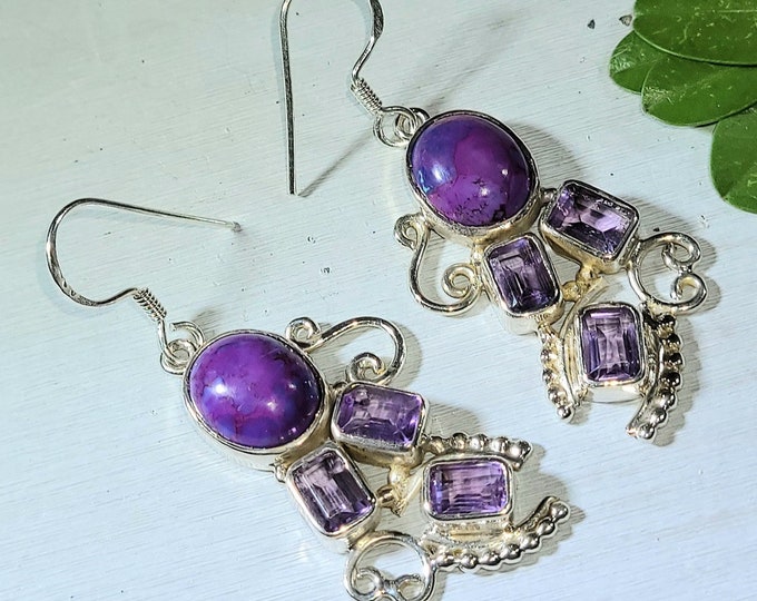 Natural High Quality Purple Turquoise & Amethyst  .925 Sterling Silver Earrings 10 Grams 2" x 7/8" N13
