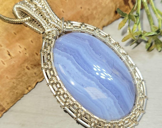 Blue Lace Agate Pendant, Wire Wrapped Blue Lace Agate Sterling Silver Pendant, Solid Sterling Wire Wrapped Pendant, Gift for Her, HM29