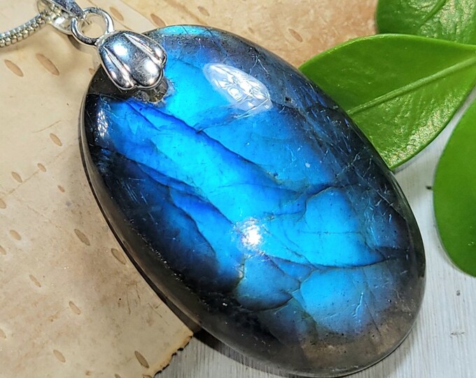 Natural Top Choice Blue Flash Labradorite Oval Cabochon .925 Sterling Silver Pendant 1 3/4" x 7/8" CJ17 Sterling Silver Rhodium Plated Bail