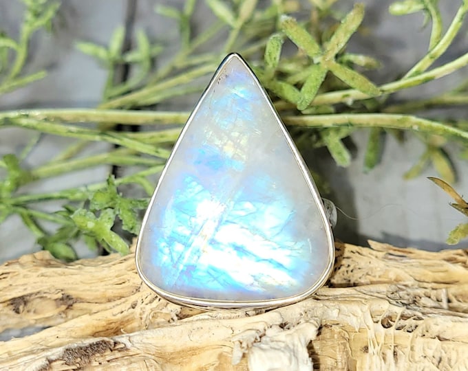 Moonstone Ring, Rainbow Moonstone Sterling Silver Ring, Premium Grade Moonstone Ring, Size 8.75, Statement Ring, Handmade Ring, GE