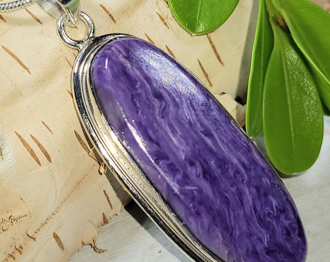Natural High Grade Charoite Handmade .925 Sterling Silver Pendant 2" x 3/4" 11 Grams EJ11