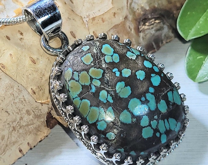 Natural Best Grade Tibet Turquoise .925 Sterling Silver Pendant 6 grams 1 1/2" x 13/16" AF37 Greenish Brown