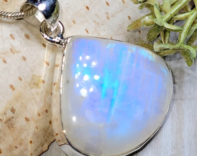 Moonstone Pendant, Rainbow Moonstone Pear Cabochon Sterling Silver Pendant, Blue Flash Moonstone, Gift for Her, Handmade Pendant, HA10