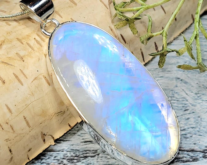 Moonstone Pendant, Rainbow Moonstone Oval Cabochon Sterling Silver Pendant, Multi Color Flash, Gift for Her, Handmade Pendant, JB14