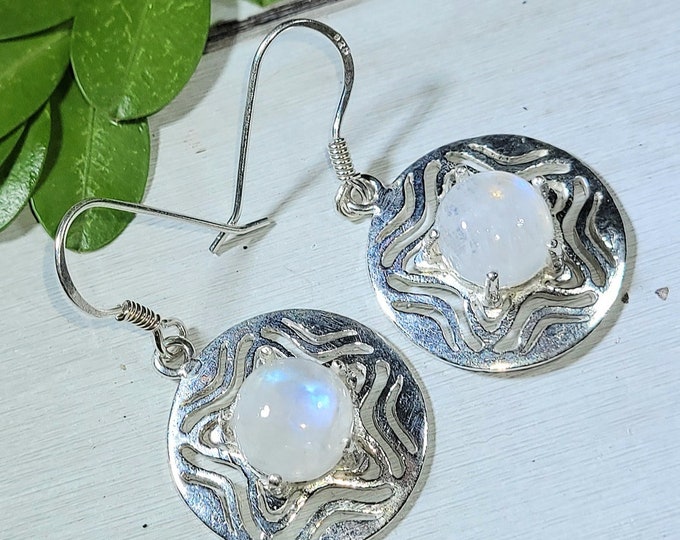 Natural Blue Fire Rainbow Moonstone .925 Sterling Silver Earrings 7 Grams 1 1/2" x 7/8" L12