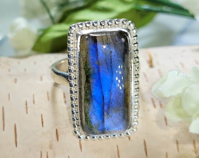 Natural Premium Grade Blue Flash Rectangle Labradorite Ring. Handmade Sterling Silver Ring Size 8 CZ
