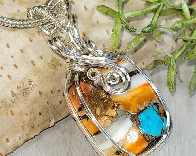 Spiny Oyster Turquoise Sterling Silver Pendant: Handmade Wire Wrapped Jewelry