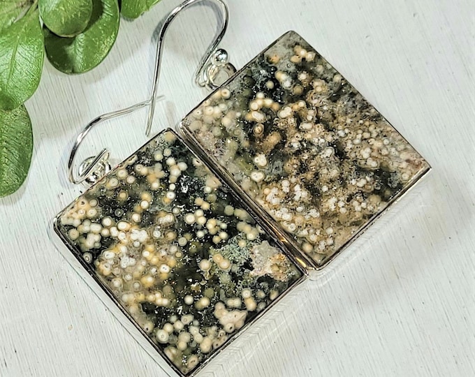 Natural Premium Grade Ocean Jasper Rectangle Handmade .925 Sterling Silver Earrings 15 Grams 1 1/2" x 3/4" AR43