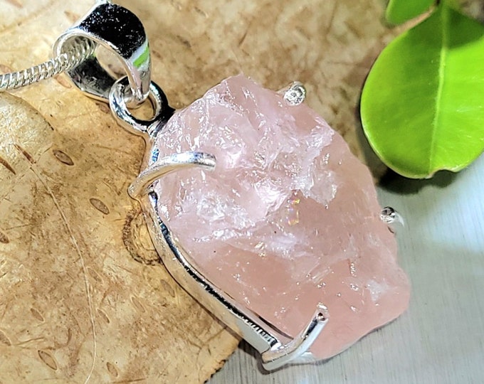 Natural Raw Rose Quartz Rough Cut Handcrafted .925 Sterling Silver Pendant Weighs 5 Grams Measures 1 5/16" X 1/2" CD01