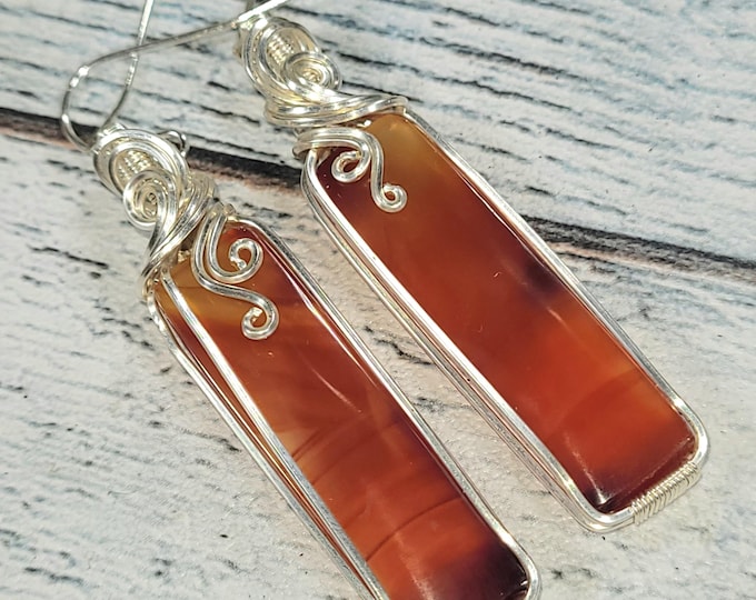 Handmade Sterling Silver Carnelian Earrings: Wire Wrapped Designer Jewelry