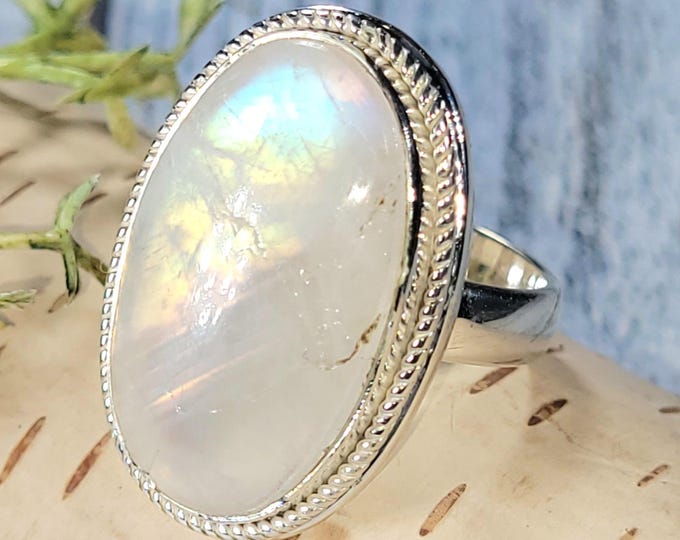 Rainbow Moonstone Ring, Moonstone Ring, Sterling Silver Moonstone Ring, Moonstone Ring Size 8.75, Statement Ring, Boho Ring, JC