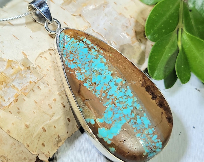 Natural High Grade Large Arizona Kingman Turquoise Handmade .925 Sterling Silver Pendant 2 3/8" x 1" 15 grams AB31