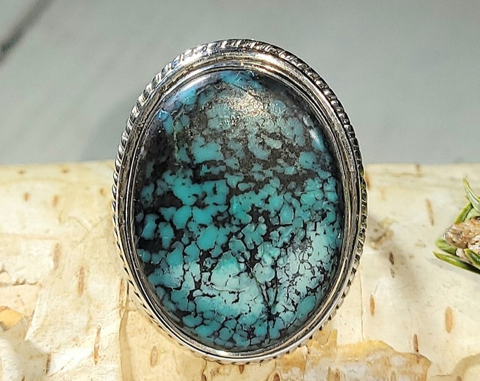 Natural Best Grade Tibet Turquoise Handmade .925 Sterling Silver Ring Size 7 7 Grams Face 1" x 13/16" AM12