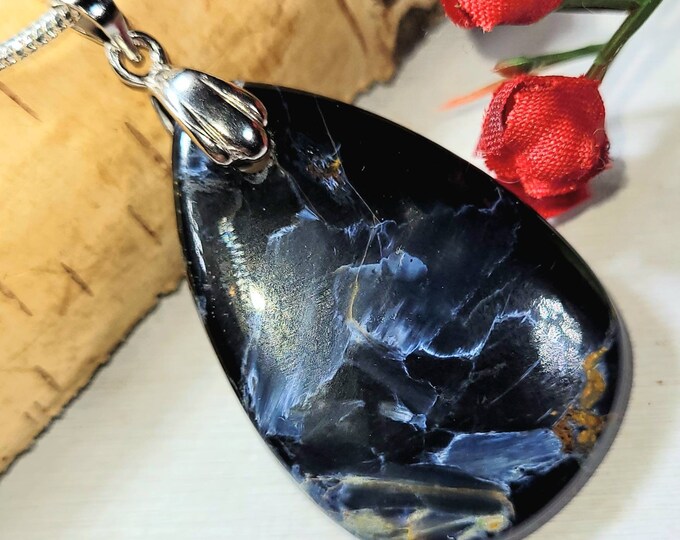 Blue Pietersite Pendant, Pietersite Sterling Silver Pendant, Handmade Pendant, Pietersite Cabochon Sterling Silver Pendant, DE53