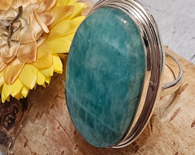 Amazonite Sterling Silver Ring Size 7 1/4 Gift for Her, Handmade Ring, Statement Ring FV10