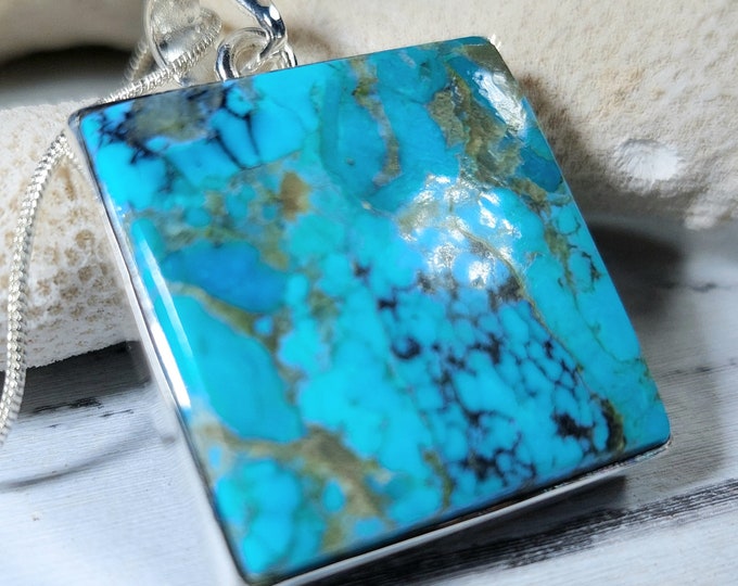 Turquoise Pendant, Sterling Silver Turquoise Pendant, Kingman Arizona Turquoise Boho Pendant, Statement Pendant GH04