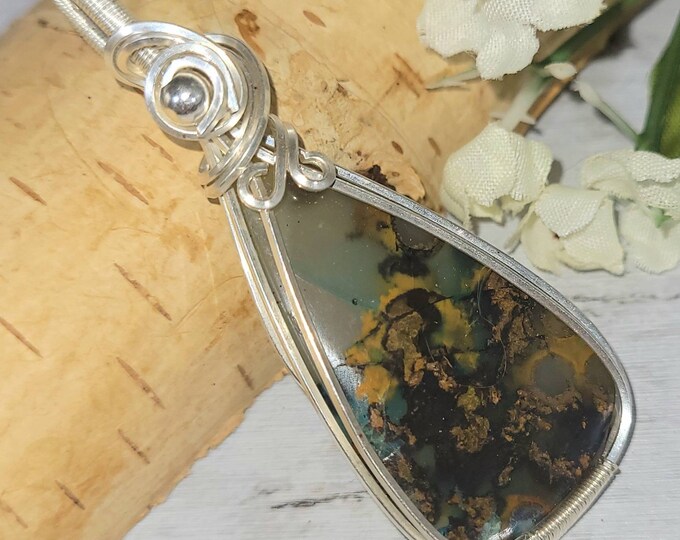 Natural Premium Moss Agate Pendant,  Wire Wrapped .925 Silver Pendant, Sterling Silver Wire Wrapped pendants, Handmade Stone Jewelry DB15