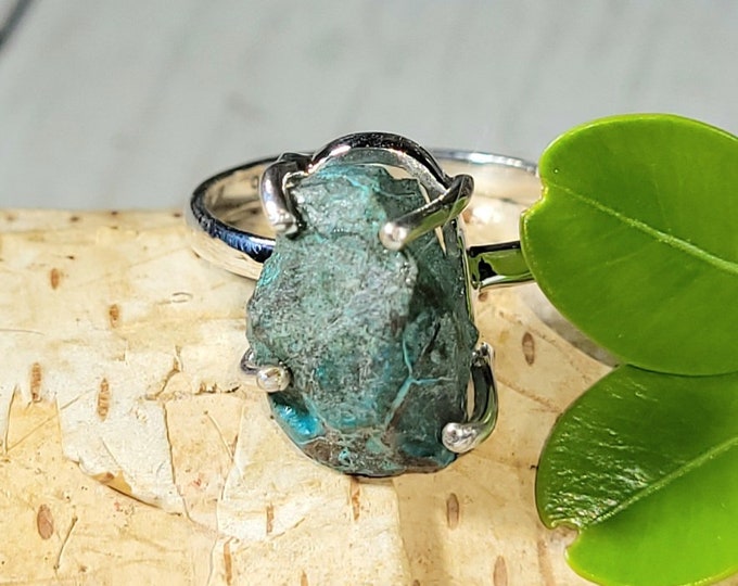 Natural Raw Rough Cut Chrysocolla Handmade .925 Sterling Silver Ring Size 8.5 4 Grams 5/8" x 1/2" CB22