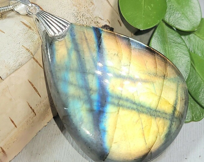 Natural Large Multi Flash Labradorite Pear Cabochon .925 Sterling Silver Pendant  2 1/8" x 1 5/16" EP17 24 Grams Heavy Duty Designer Bail