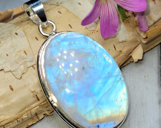 Moonstone Pendant, Rainbow Moonstone Sterling Silver Pendant, Premium Grade Moonstone Pendant, Gift for Her, Statement Pendant, FB05