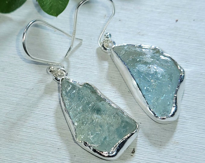 Natural Raw Rough Cut Aquamarine Handmade .925 Sterling Silver Earrings 7 Grams Mother's Day Gift for Her Genuine Aquamarine