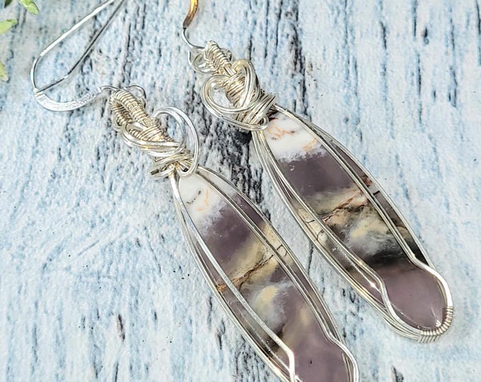 Purple Common Opalized Agate Earrings, Purple Common Opalized Agate Wire Wrapped Earrings, Agate Sterling Silver Wire Wrapped Earrings, JF07