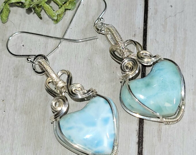 Larimar Earrings, Larimar Wire Wrapped Sterling Silver Earrings, Heart Larimar Sterling Silver Earrings, Statement Earrings, HD22