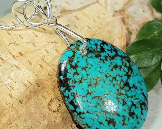 Natural AAA Grade Tibet Turquoise Oval Cabochon .925 Sterling Silver Pendant 1 7/8" x 1 1/8" AE32 Heavy Duty Sterling Silver Bail