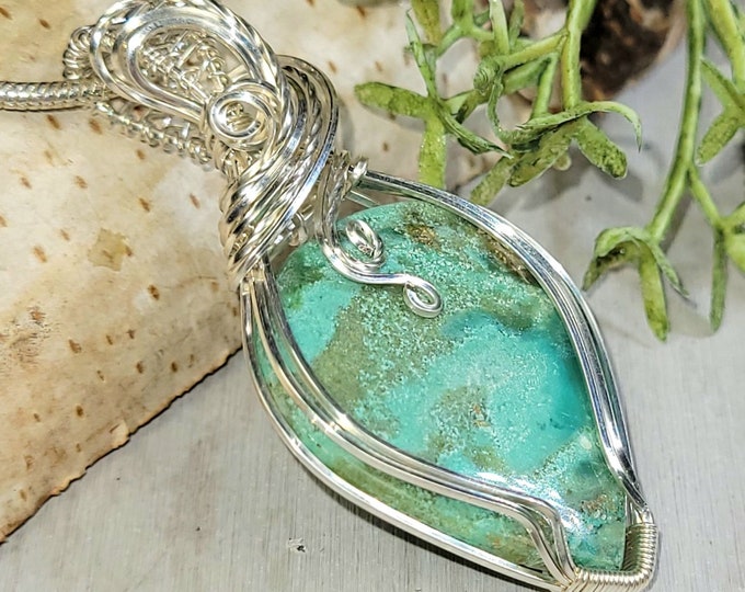 Blue Opalized Wood Pendant, Blue Opalized Wood Wire Wrapped Sterling Silver Pendant, Petrified Wood Pendant, Handmade Pendant, HC13