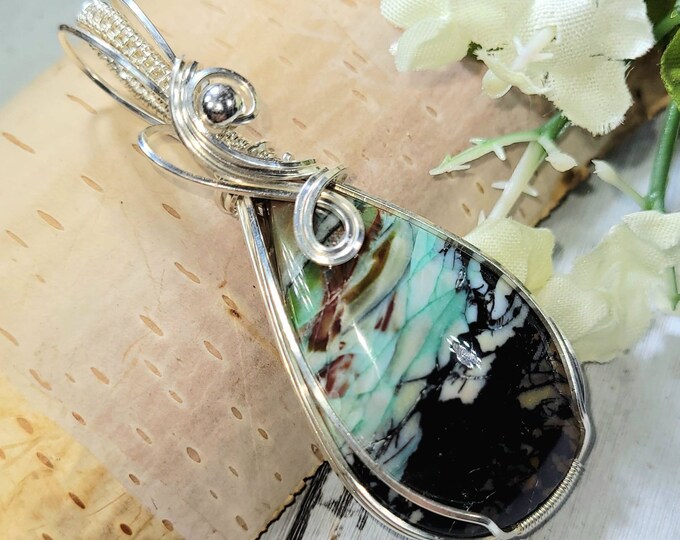 Blue Opalized Wood Pendant, Blue Opalized Wire wrapped pendant, Petrified wood opal pendant, Sterling Silver wire wrapped pendant, DG24