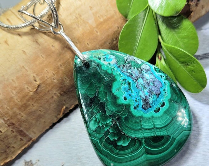 Malachite Chrysocolla Pendant, Chrysocolla Malachite Sterling Silver Pendant, Statement Pendant, Gift for Her, Handmade Pendant, FJ15