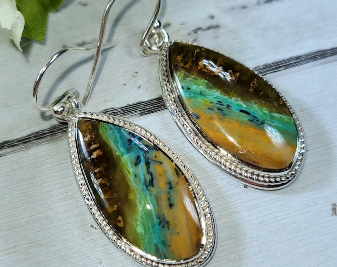 Blue Opal Earrings, Petrified Wood Earrings, .925 Sterling Silver Blue Opalized Petrified Earrings, Sterling Silver Blue Opal Earrings