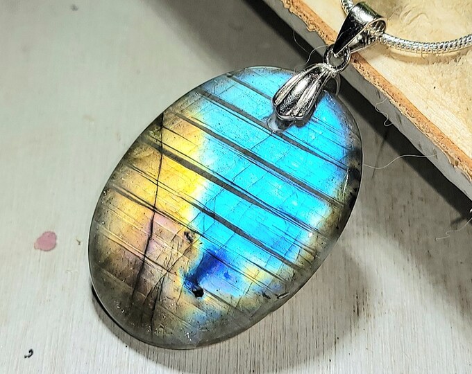 Natural Top Choice Multi Flash Labradorite Oval Cabochon  .925 Sterling Silver Pendant 1 5/8" x 1" EH12