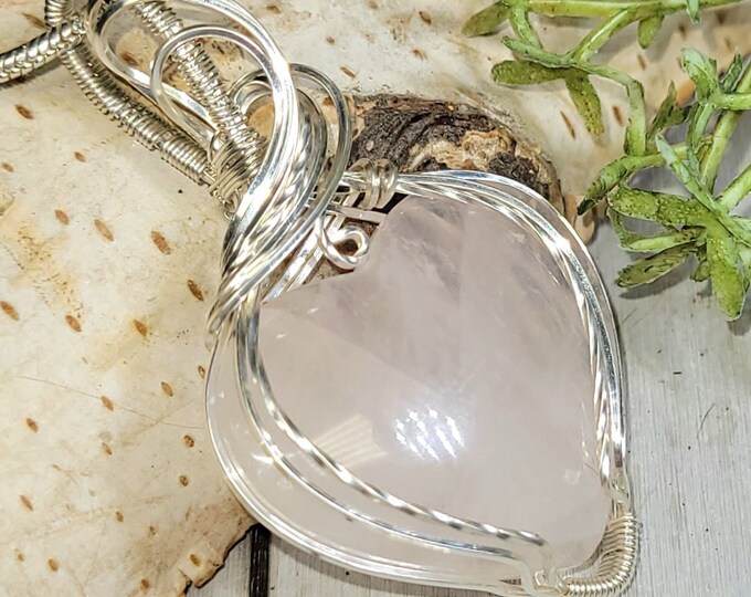 Rose Quartz Pendant, Rose Quartz Heart Wire Wrapped Sterling Silver Pendant, Handmade Rose Quartz Heart Pendant, Statement Pendant, HD21