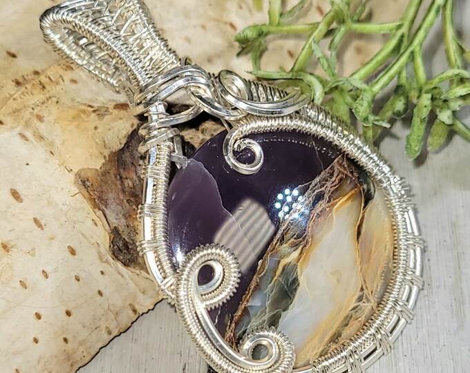 Blue Common Opalized Wood Pendant, Blue Common Opalized Wood Wire Wrapped Sterling Silver Pendant, Hand Wire Wrapped Pendant, HG31