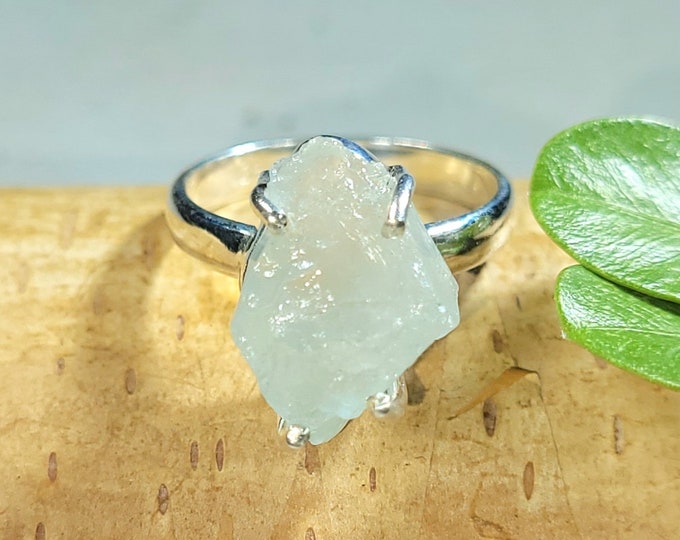 Natural Raw Rough Cut Aquamarine Handmade .925 Sterling Silver Ring Size 6 1/2 4.1 Grams 1/2" x 3/8" FW16